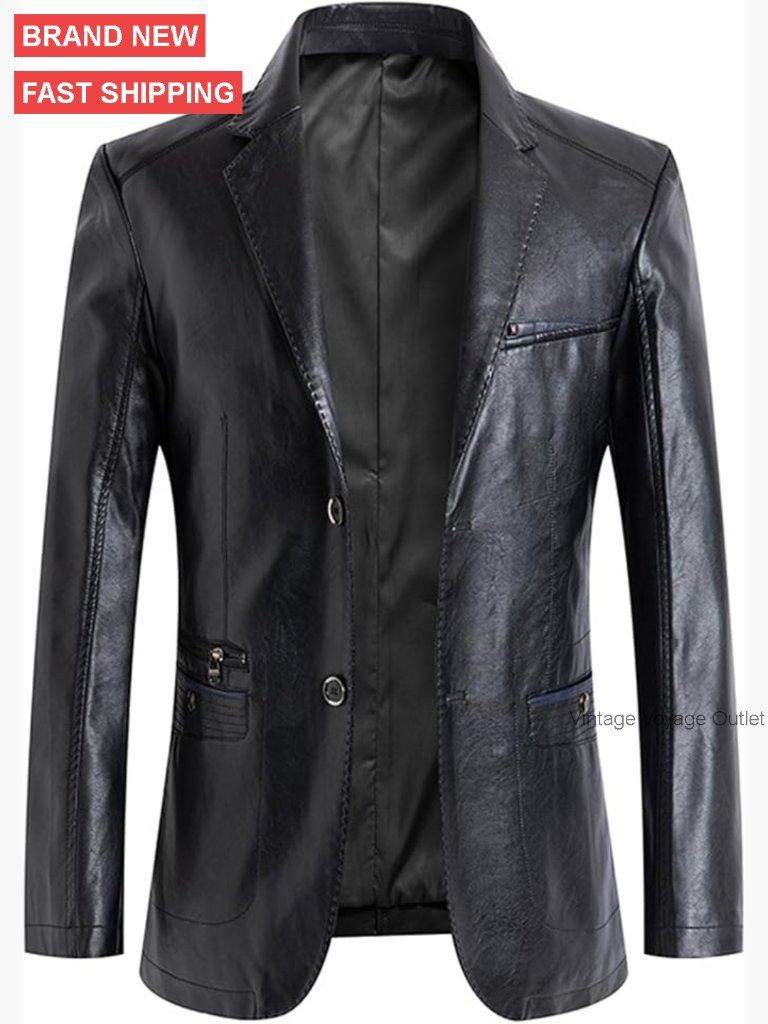 Men's Slim Faux Leather Blazer Jacket Business Coat Winter Outwear